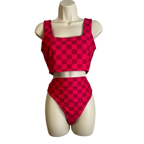 Albion Gingham Olivia Pink Bikini Set Size Medium with Small Top Cheeky Crop - Picture 6 of 6